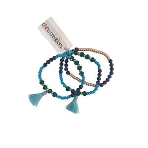 Chaps China Creations 3 Set Bohemian Style Beaded Bracelets in Blues & Gold